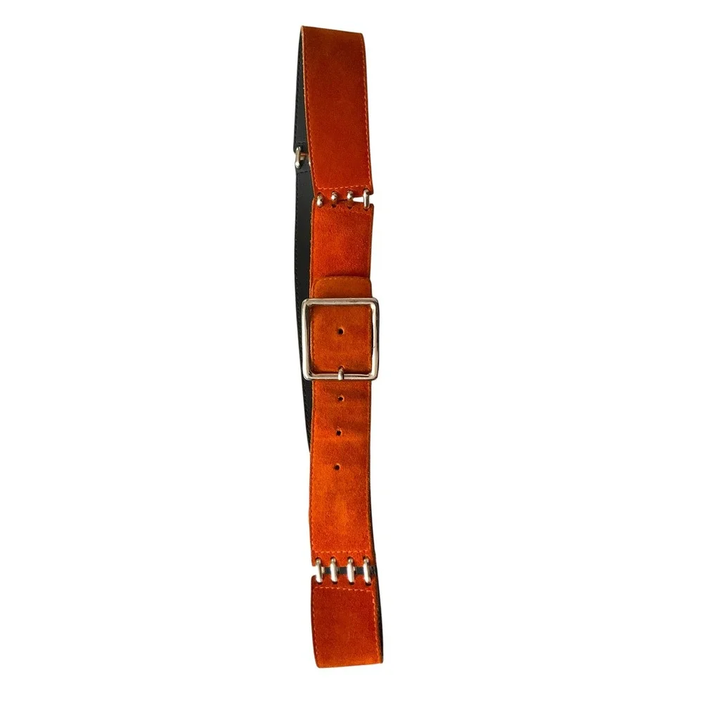 Italian Burnt Orange Suede Leather Wide Waist Belt Silver Hardware Made in Italy